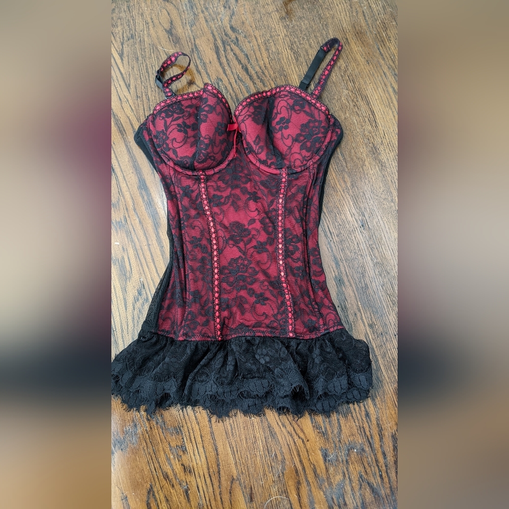 Red & Black Corset with boning and sheer panels with lace frills on the bottom